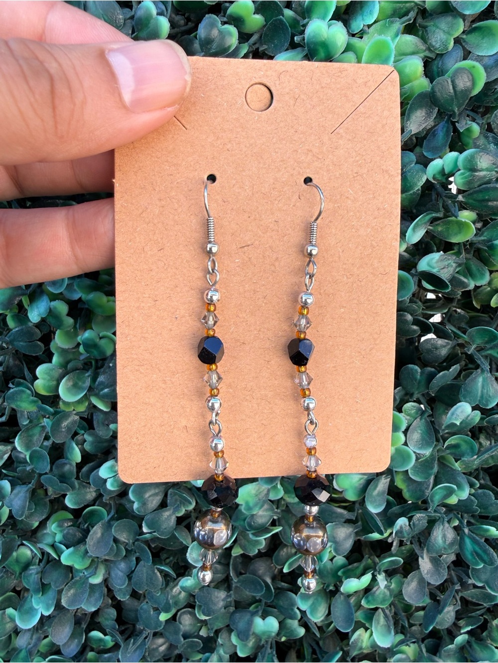 Handmade Black and Amber Tone Beaded Dangle Earrings